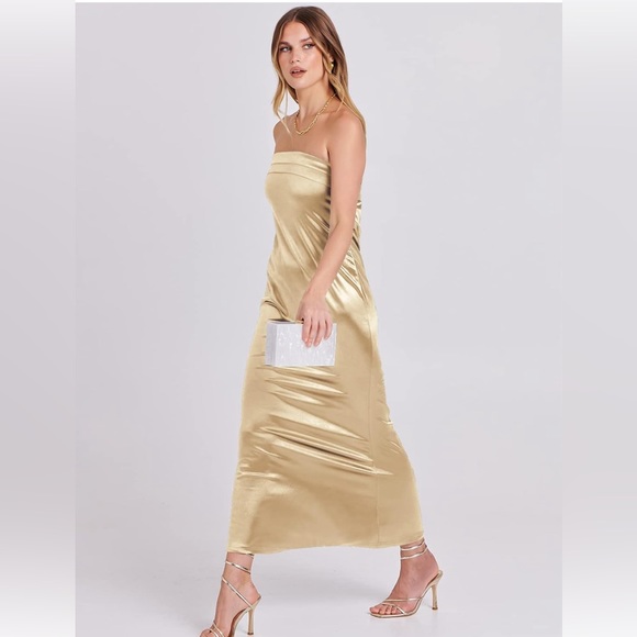 NWT Champagne Satin Strapless Tube Open Back Bodycon Cocktail Maxi Dresses - Picture 7 of 16